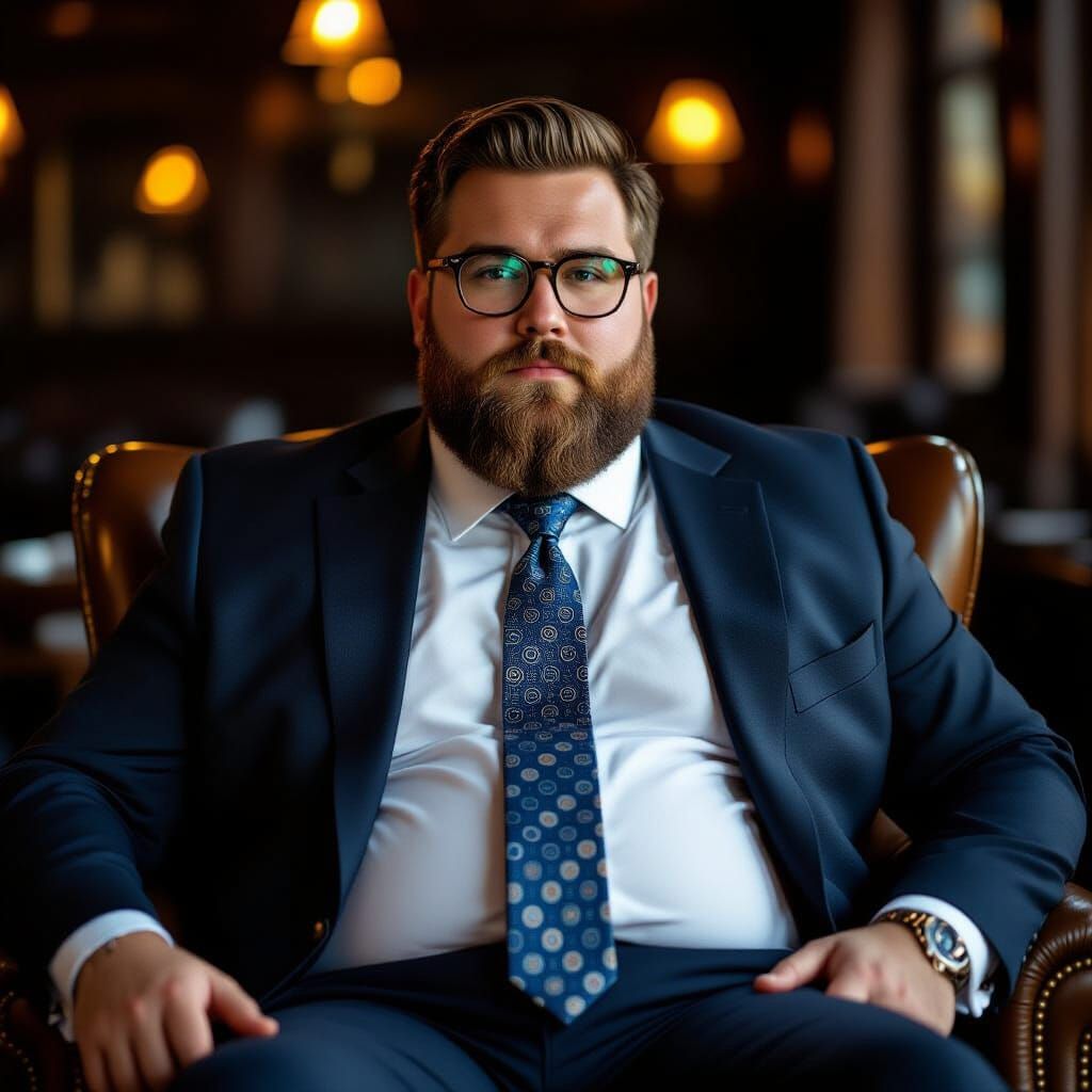Overhead View: Portly Man in Blue Suit with Golden Light