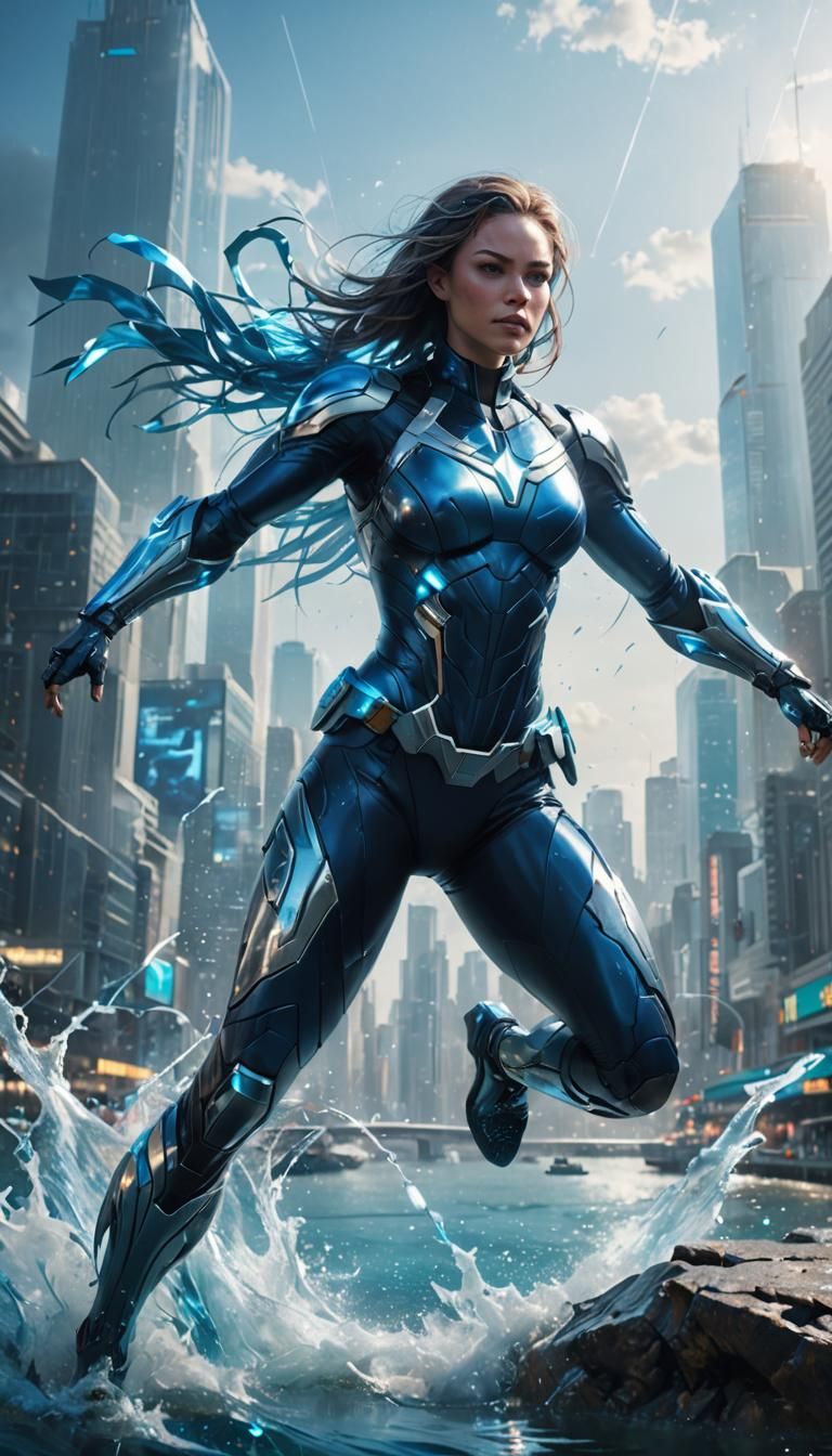 Photorealistic full body portrait of a female superhero, featuring a sleek, streamlined suit with blue and silver accent...