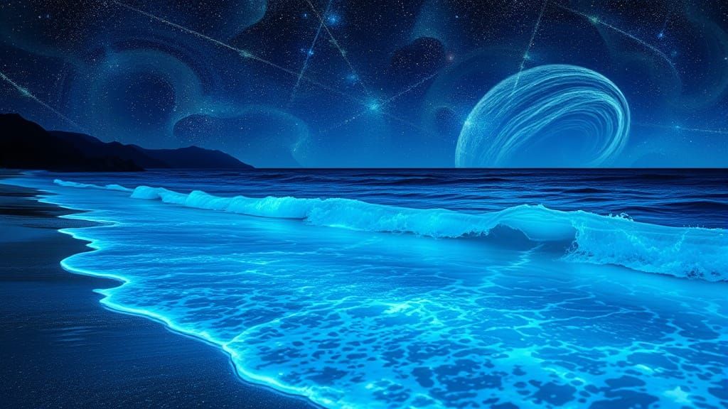 Bioluminescent Waves on Okinawa Shoreline in Astral Style