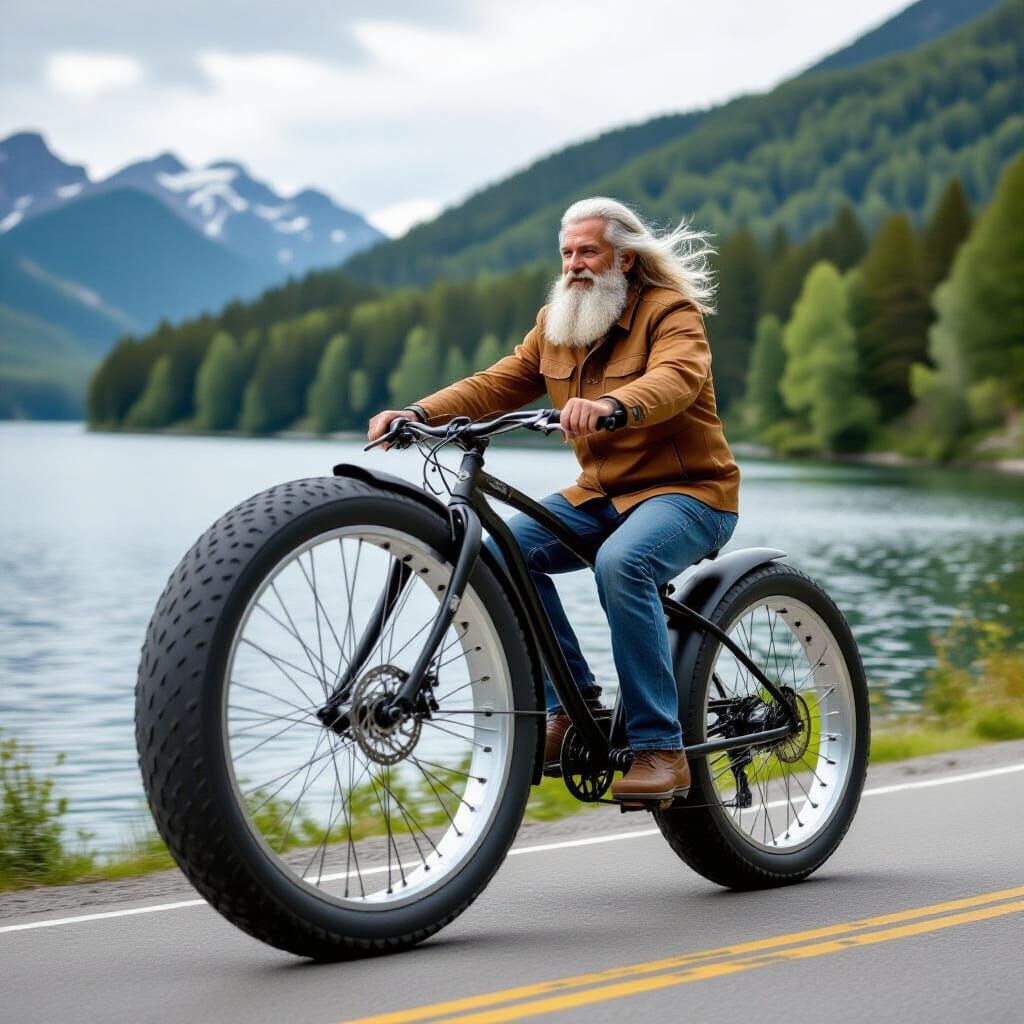 Man Rides Penny-Farthing Bicycle by a Lake