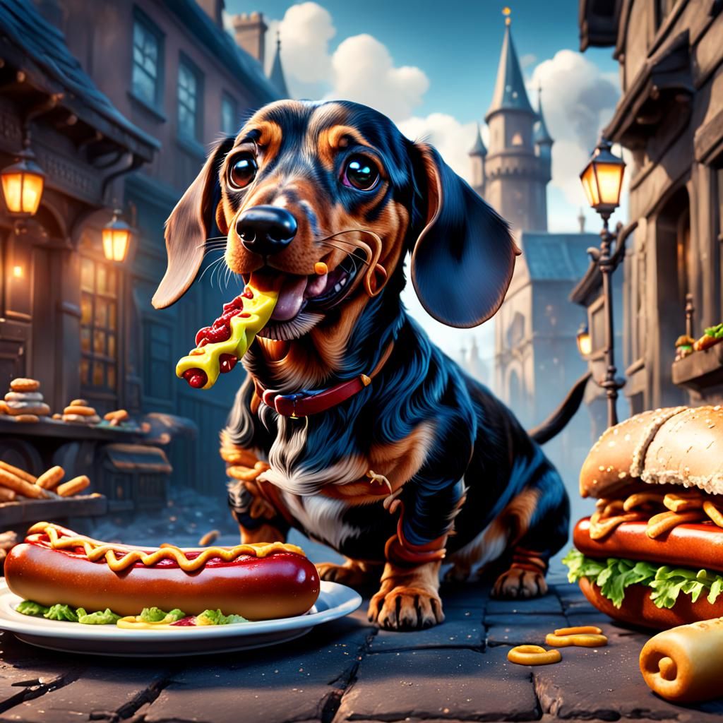 Dachshund's Frankfurter Feast: Detailed Fantasy Art