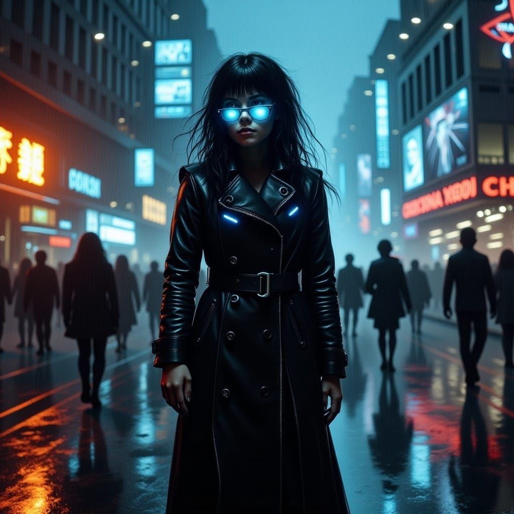 Cyberpunk Heroine in Rainy Cityscape