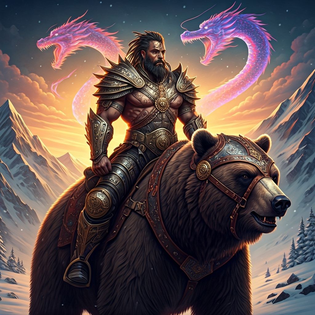 Man in Chrome Armor Rides Polar Bear Through Snowy Peaks