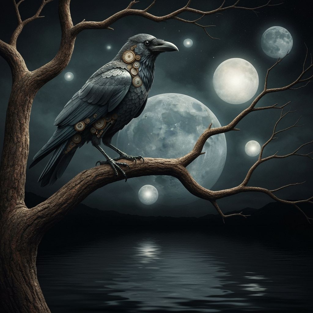 Clockwork Crow on Ancient Branch Under Cosmic Sky