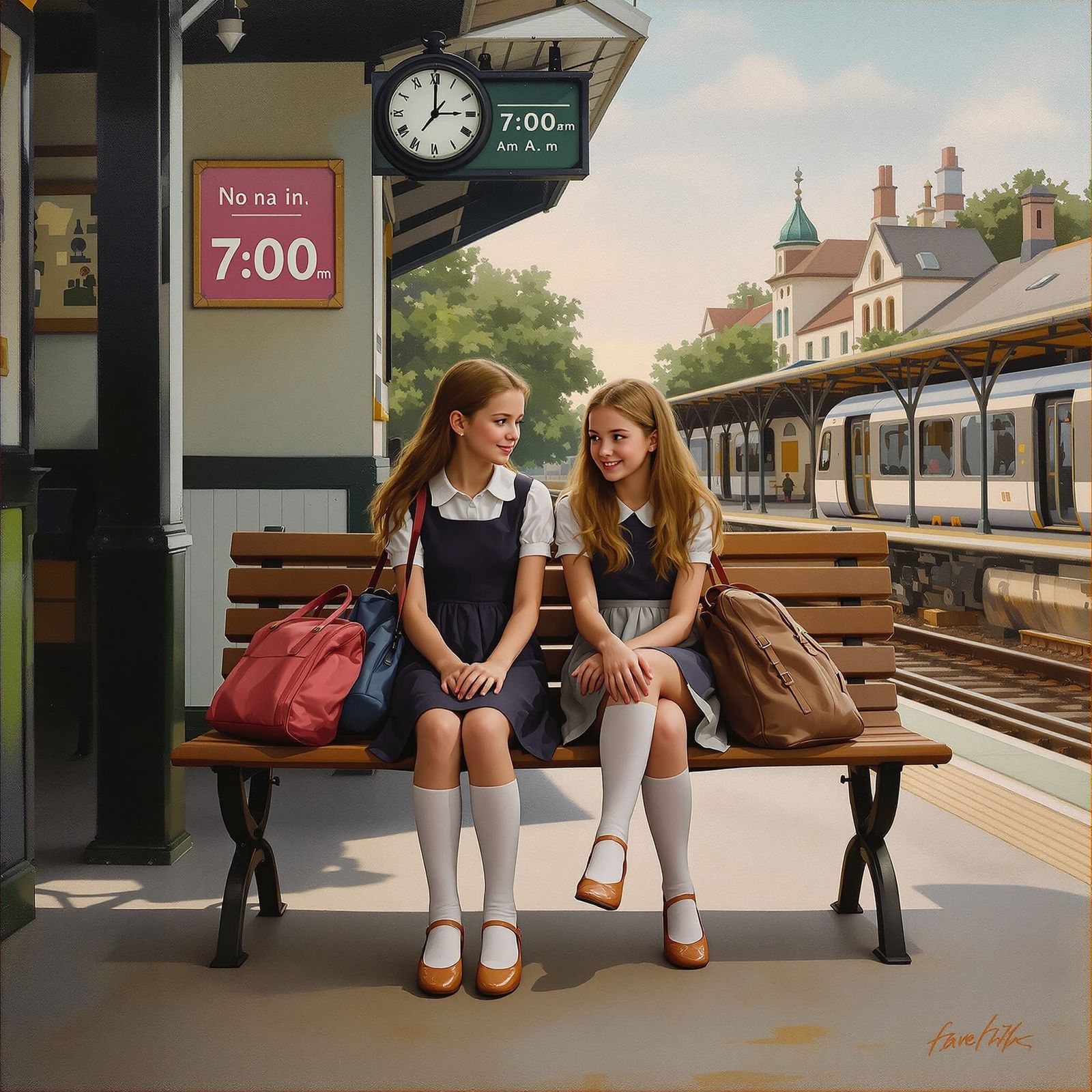 Two Girls Wait at Train Station Painting