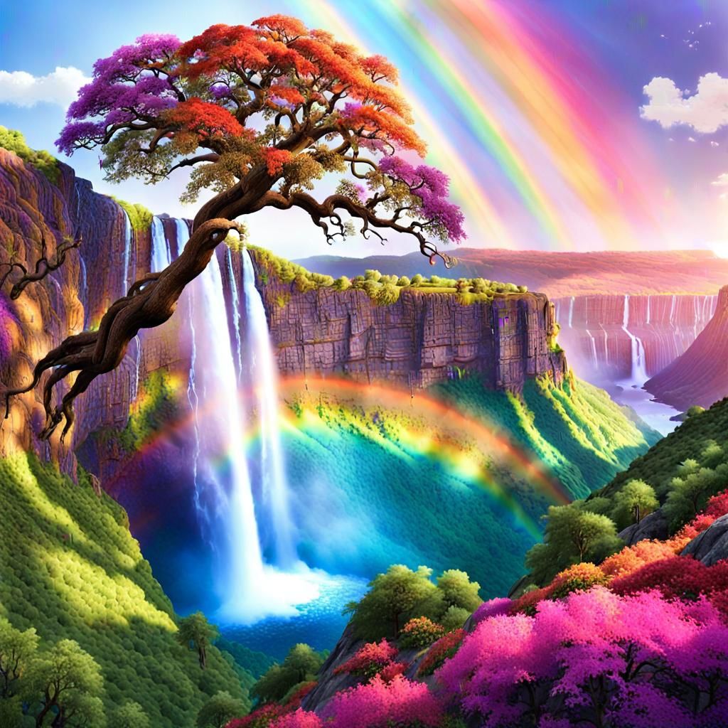 Enchanted Waterfall Landscape with Rainbow Oak