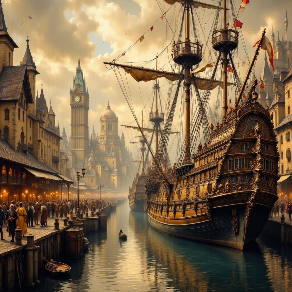 Bustling Golden Age Harbor as Impasto Painting