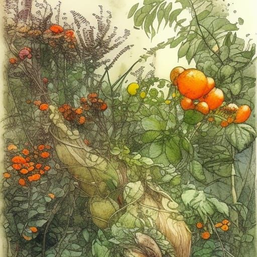 Fantasy Breakfast Tray in Thicket, Watercolor and Ink