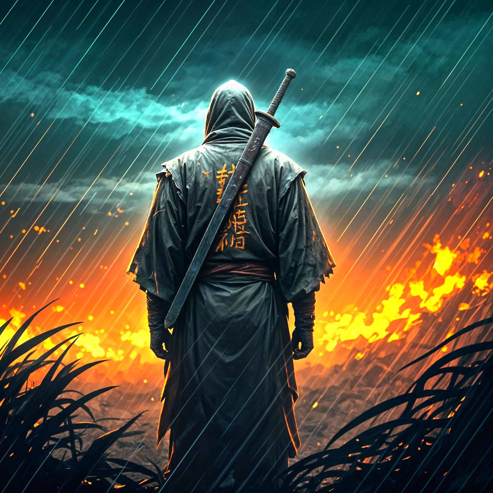 In a realm where the sky bleeds into hues of deep teal and g...