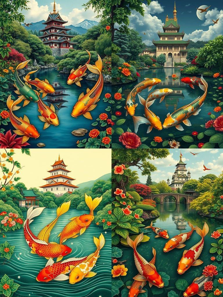 Colorful Koi Fish Swim in a Japanese Garden Pond with Castle
