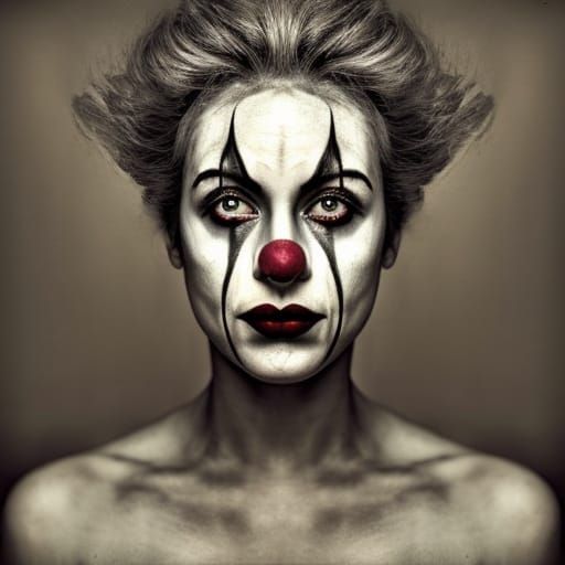 Melancholic Female Clown Portrait in Sepia Tones