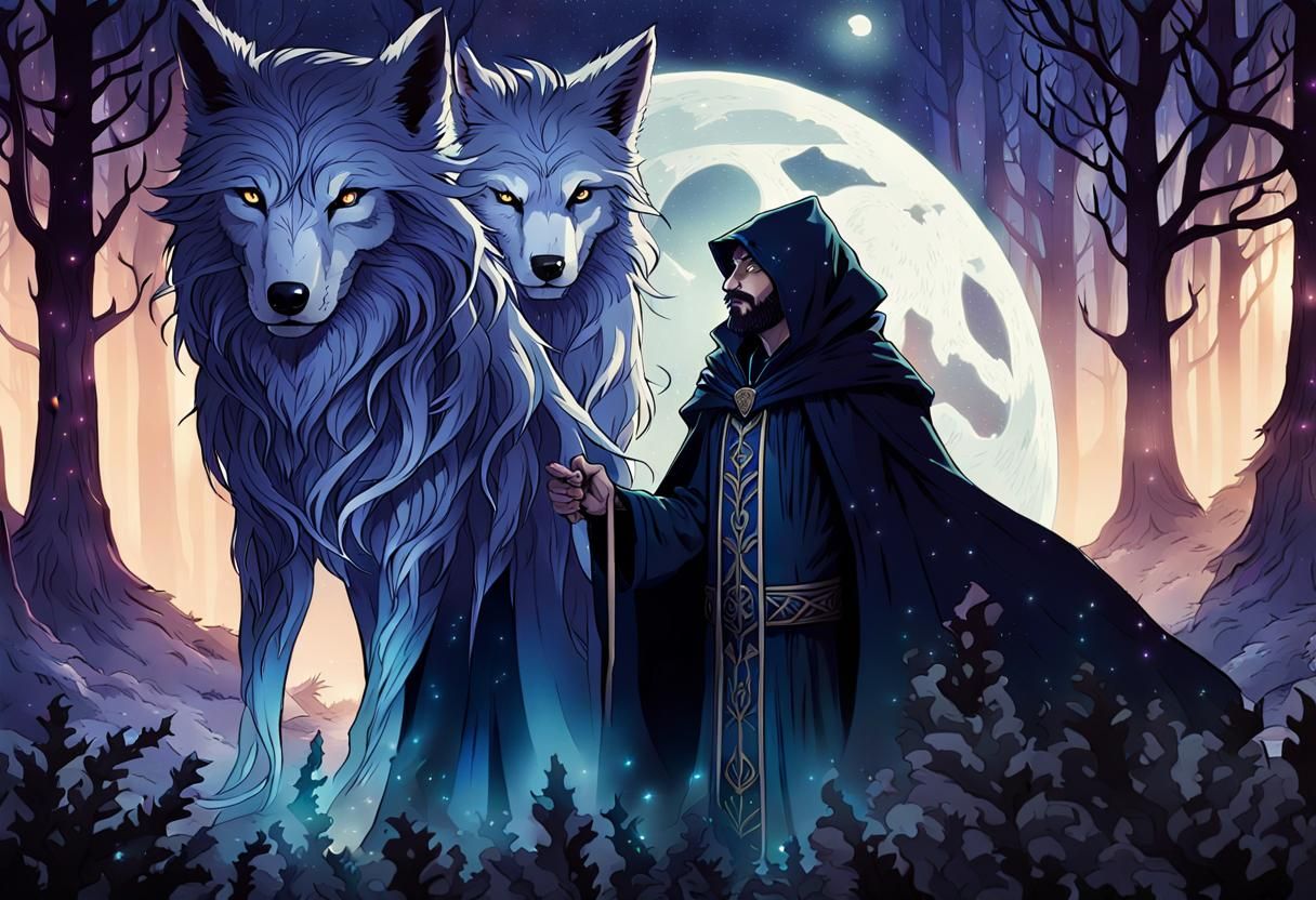Mystical Wizard Faces Wolf in Dark Fantasy Landscape