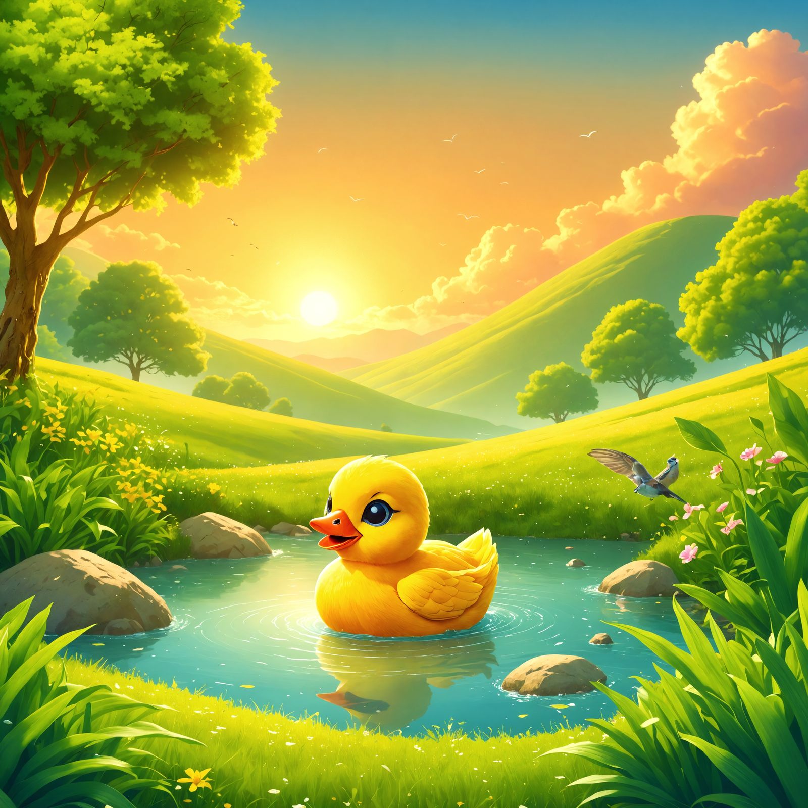 Yellow Rubber Duck in a Peaceful Pond at Sunrise