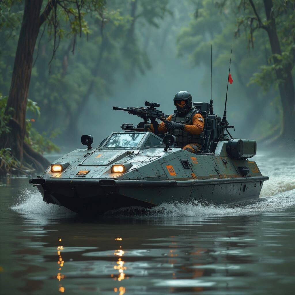 Armored Airboat in Gritty Futuristic Style