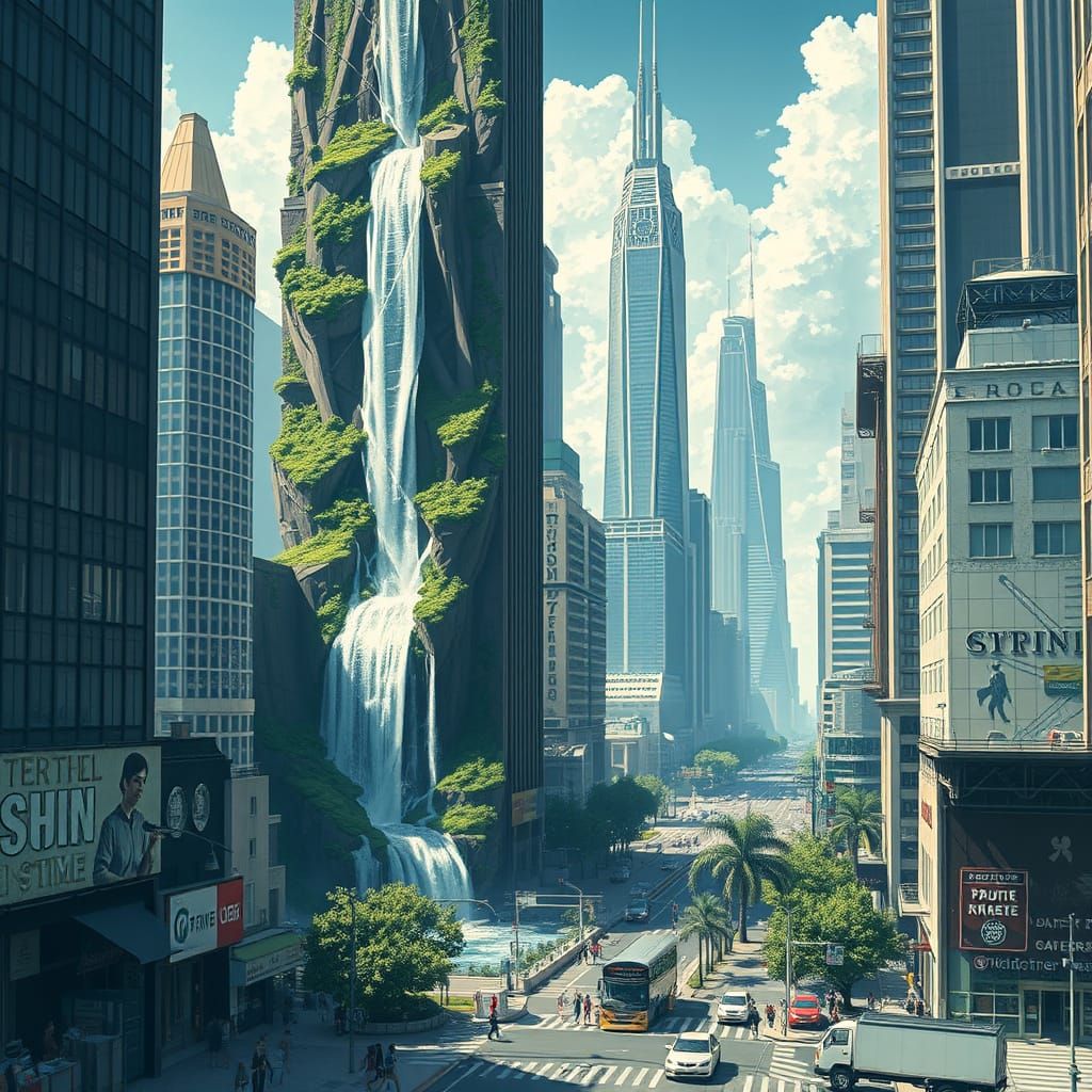 Skyscraper Waterfalls: Urban Nature in Futuristic Style