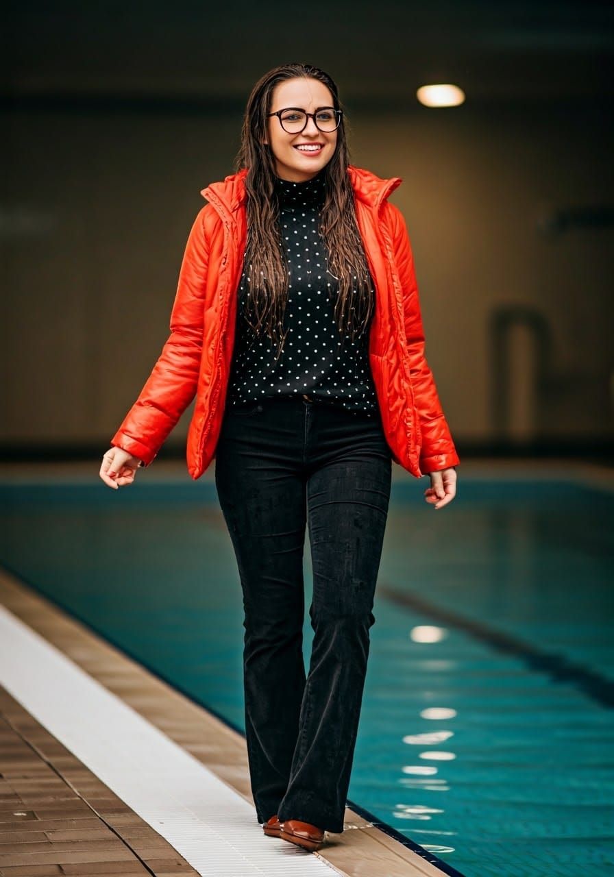 Elegant Woman Wading in Indoor Pool, Exuding Joy