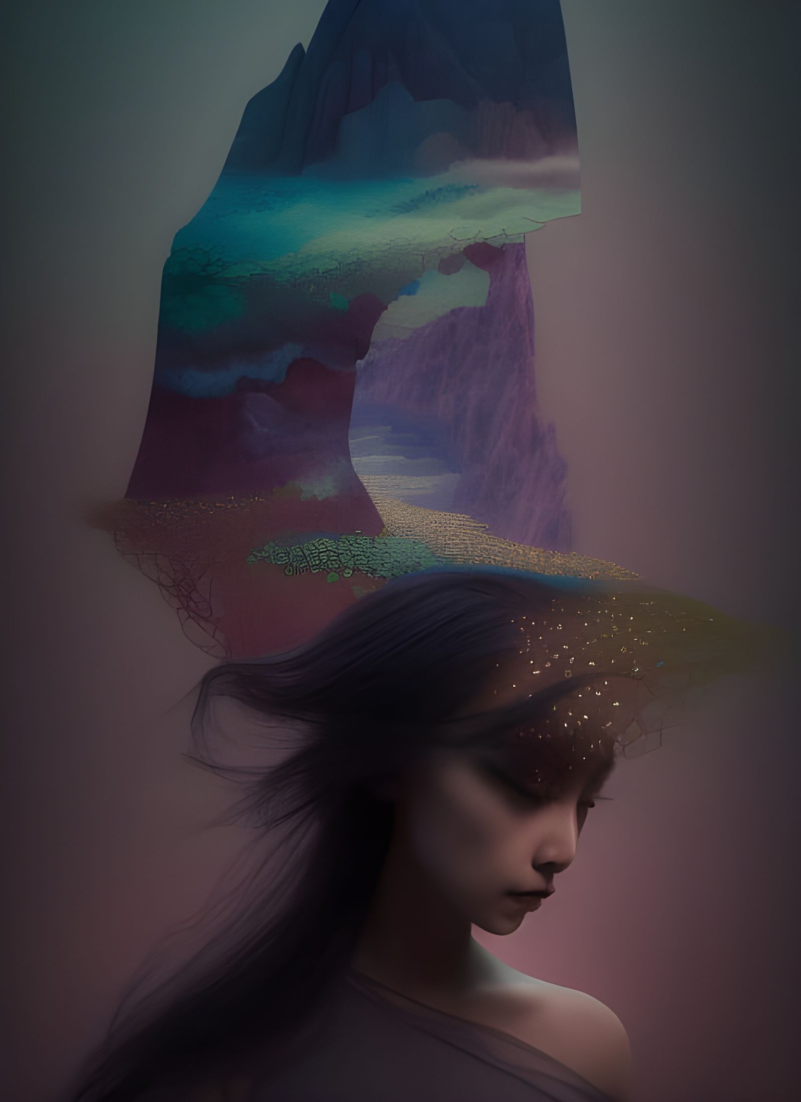 Ethereal Mountains in Dreamlike Needlework Style