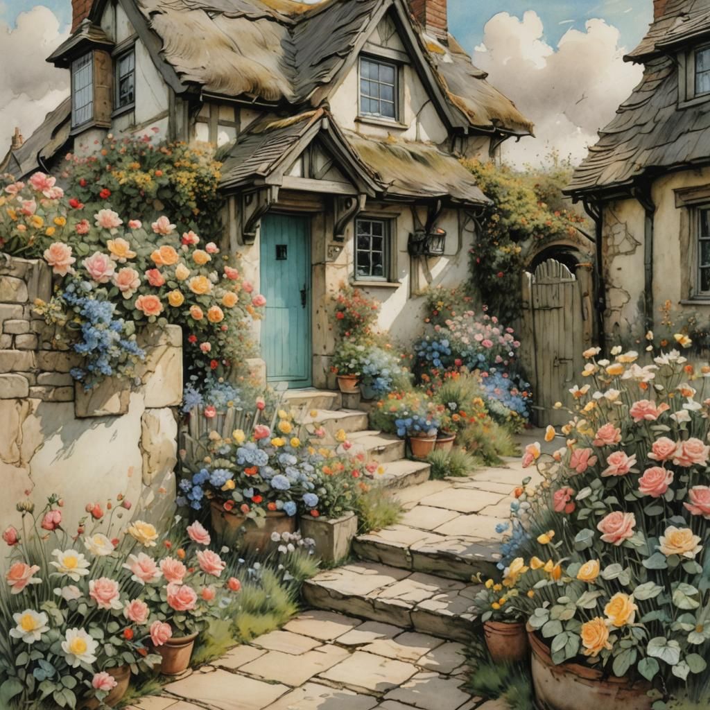 English Cottage by the Sea in Watercolor Style