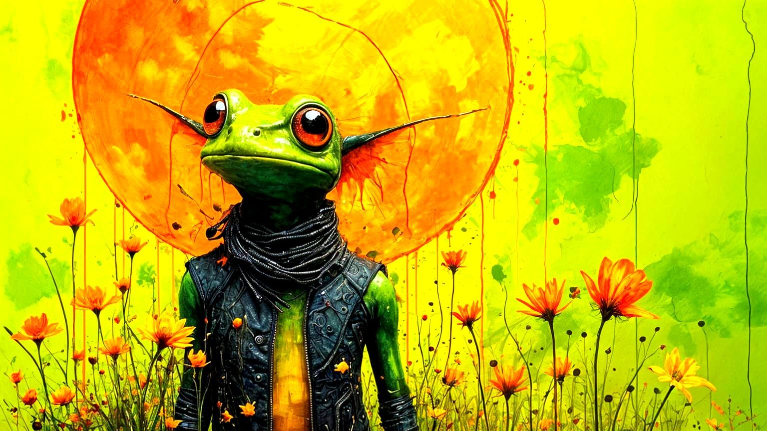 Neon Alien Frog in Comic Book Style