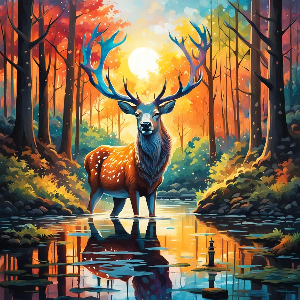 Majestic Deer in Forest: Graffiti Art Style