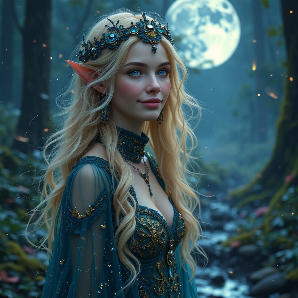 Elf Woman in Moonlit Forest with Pixies