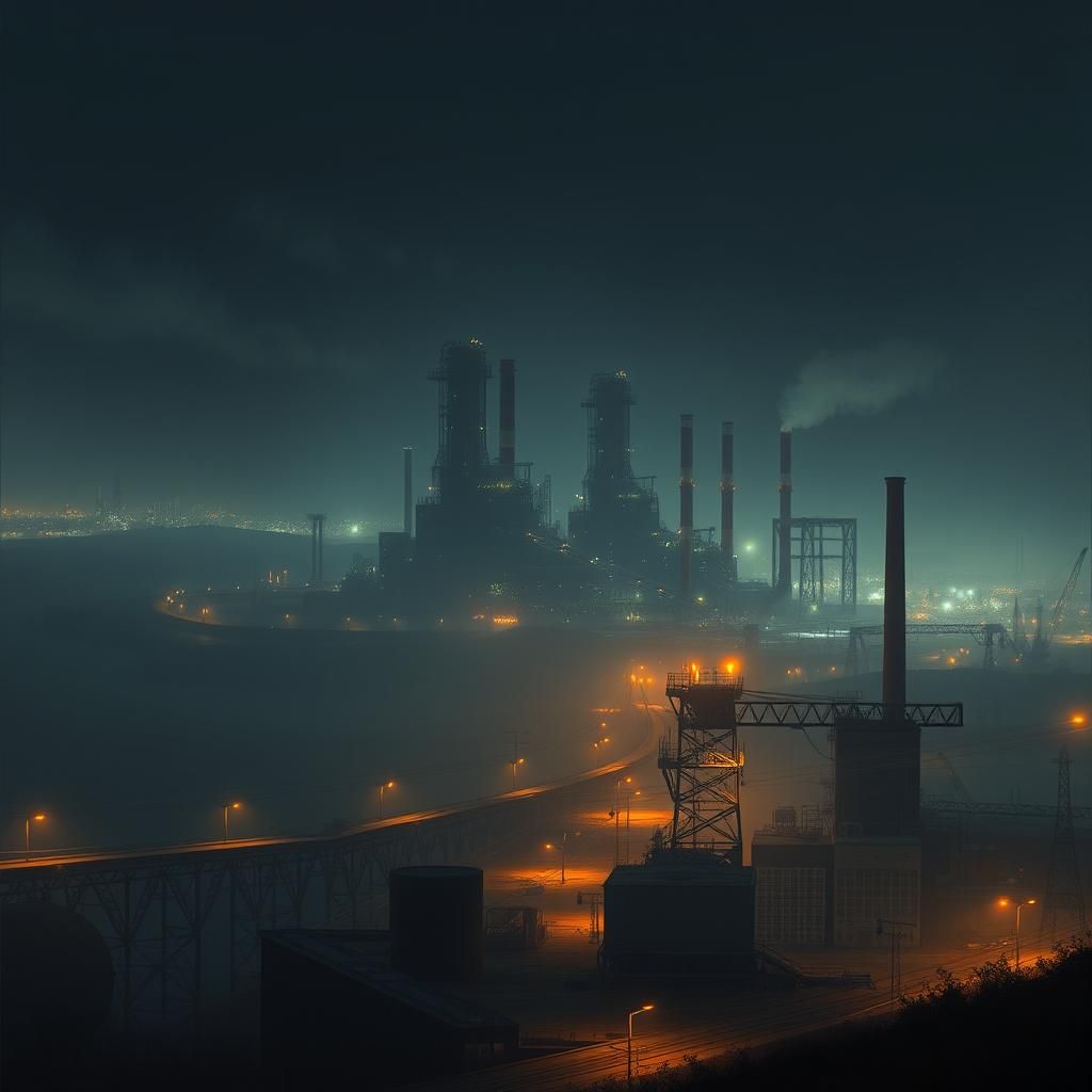 Industrial Nightscape: Dimly Lit Plant in Digital Art Style