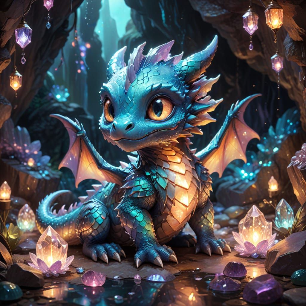 Chibi Dragon on Crystals in Anime Splash Art Style