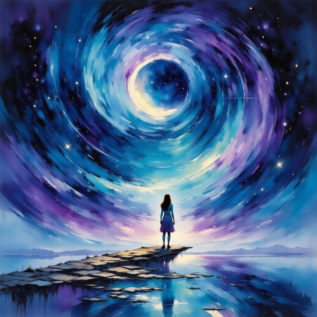 A Lone Figure in a Starry Galaxy, Pulled into Cosmic Vortex