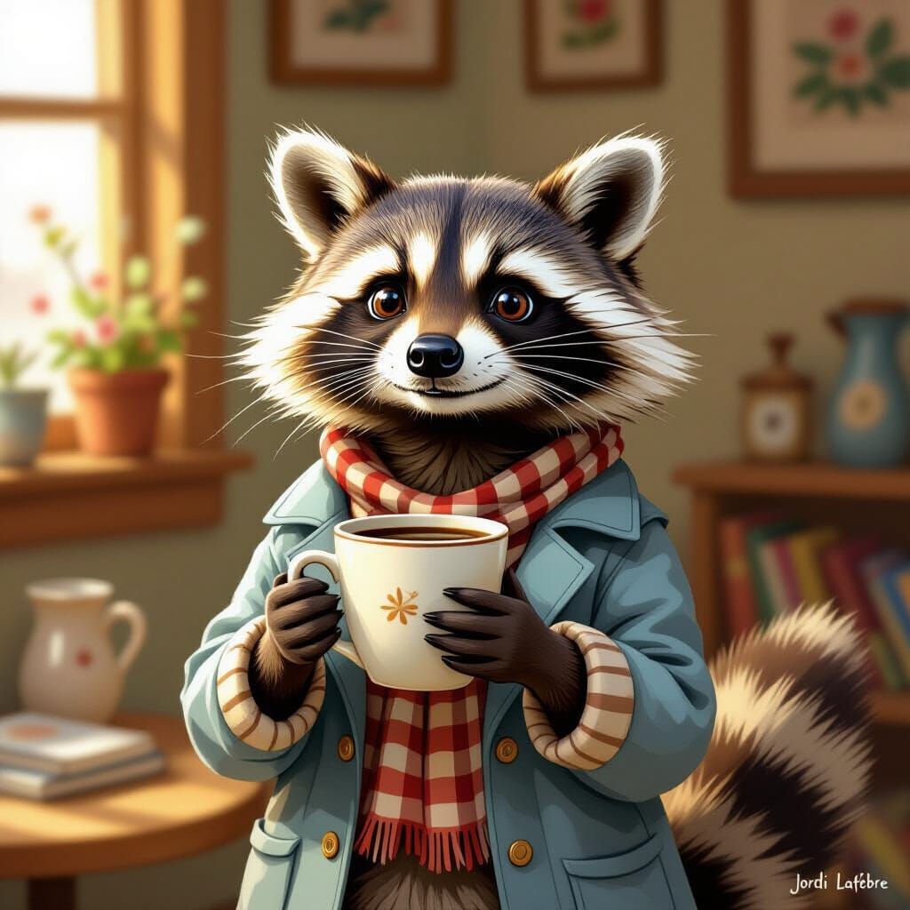 Raccoon Gentleman Enjoying Coffee in Potter Style