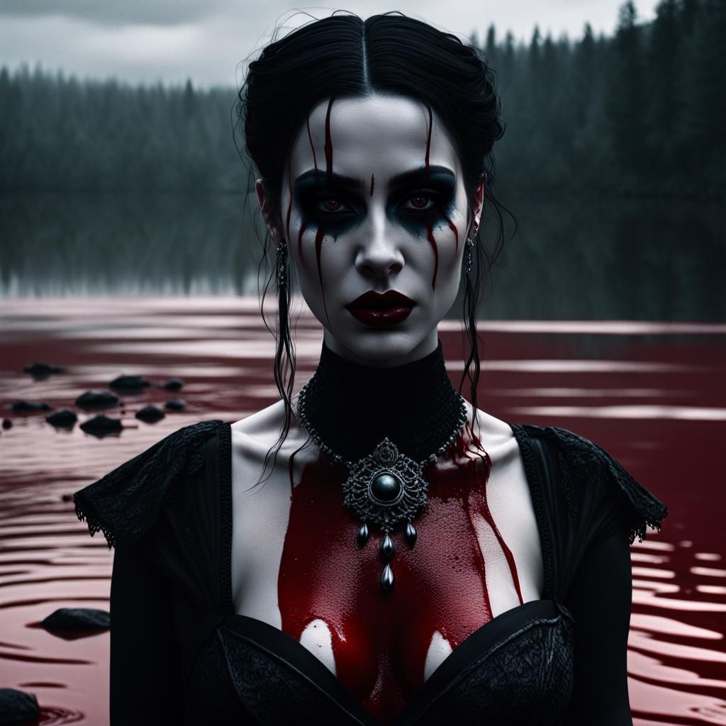 Gothic Woman in Blood Lake: A Photorealistic Horror