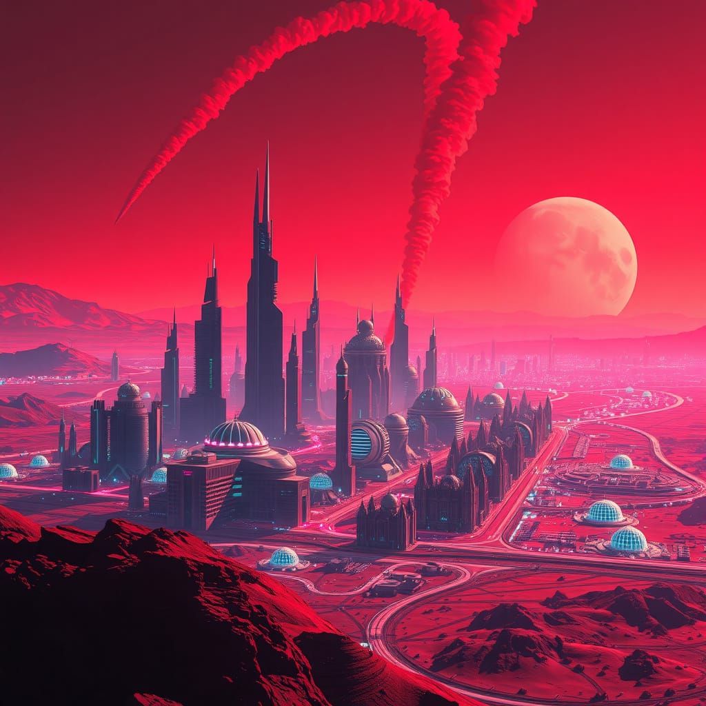 Futuristic Mars Metropolis in Vibrant Neon Hues