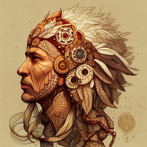 Aztec Warrior Portrait with Golden Outlines