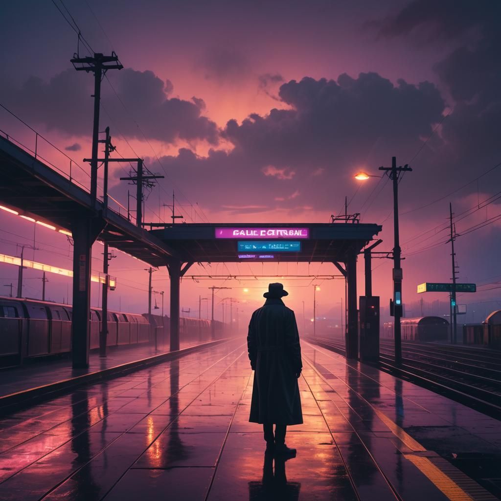 Synthwave Neon Sunset at California Train Station