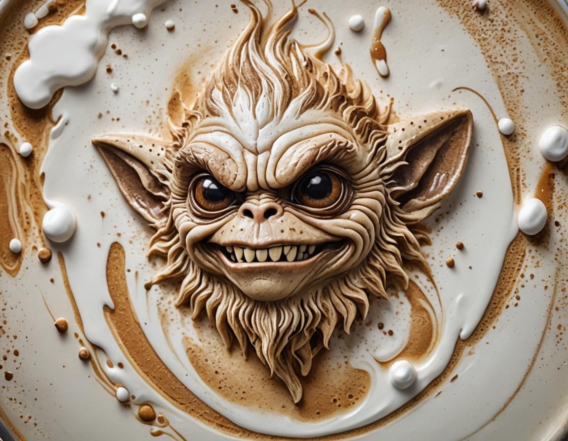 Ultra Realistic Latte Art Gremlin in High Key Perfection