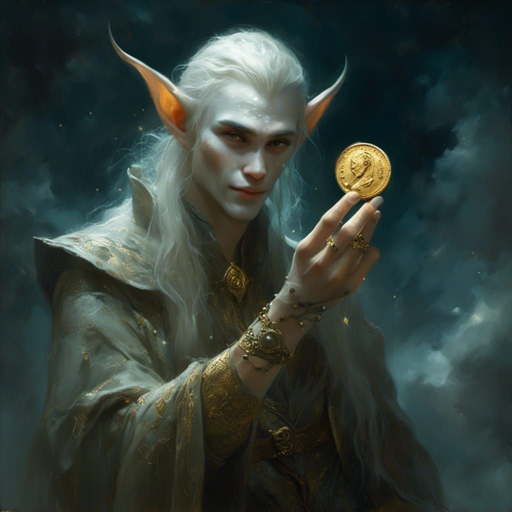 Elven Rogue with Golden Coin in Moonlight