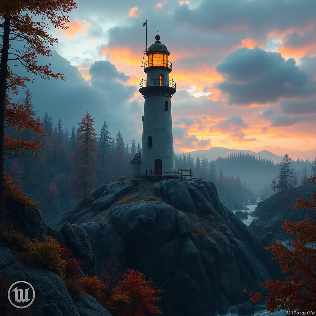 Fantasy Lighthouse in Autumn Forest: Matte Painting