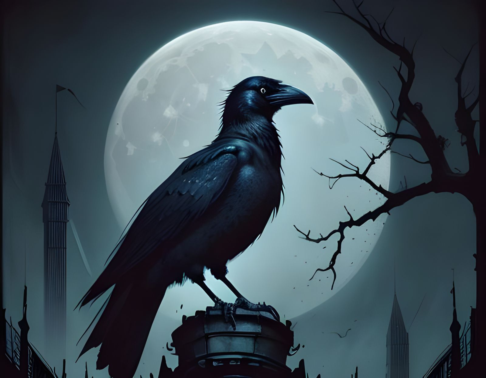 Spooky Crow Silhouette Under Blue Moon