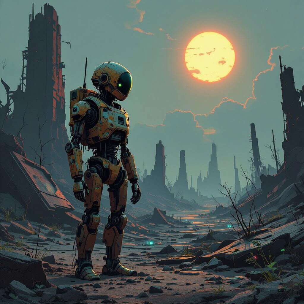 Rusted Robot on Alien World in Dystopian Style