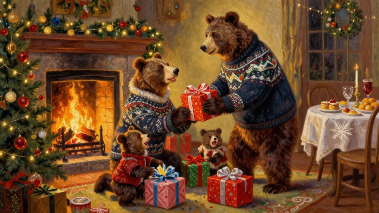 Bear Family Holiday Celebration Oil Painting
