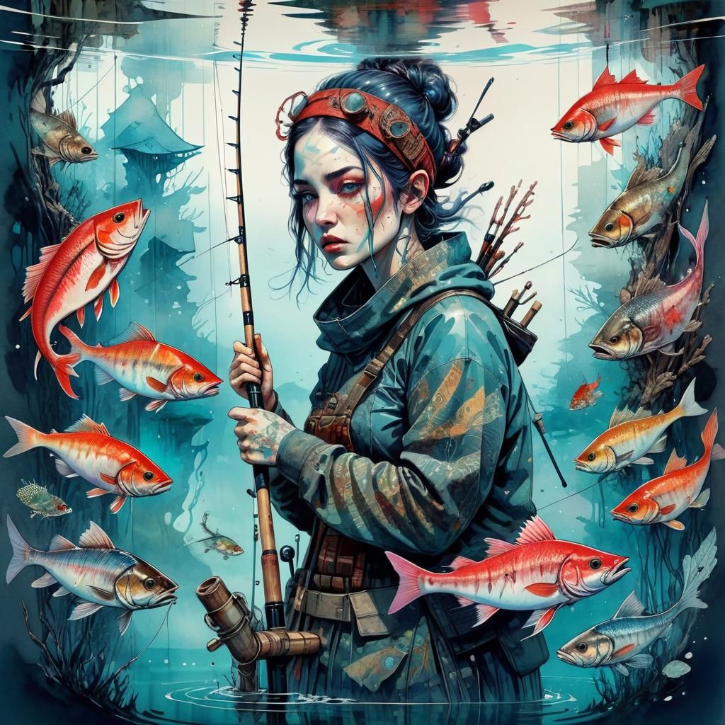 Surreal Fishing Scene in Watercolor Collage Style