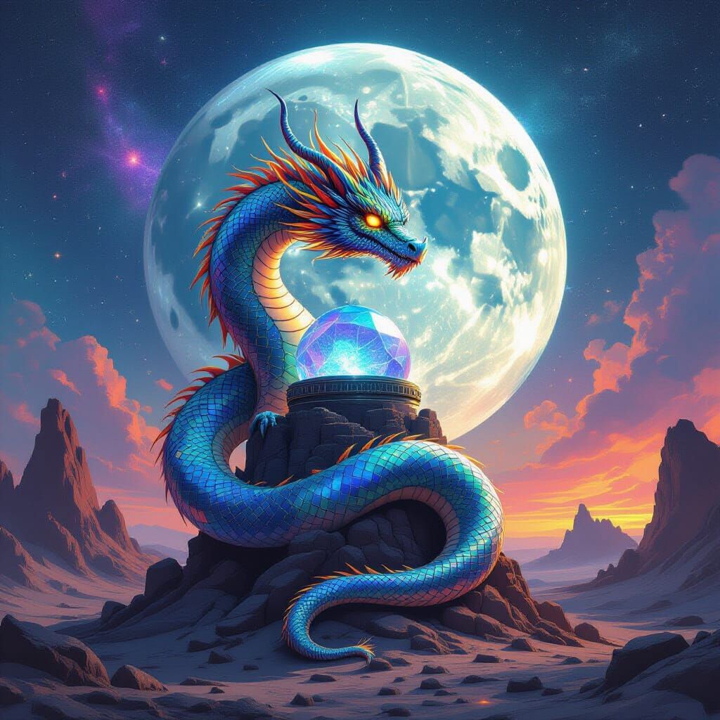 Celestial Dragon Coiled Around Lunar Observatory in Cosmic A...