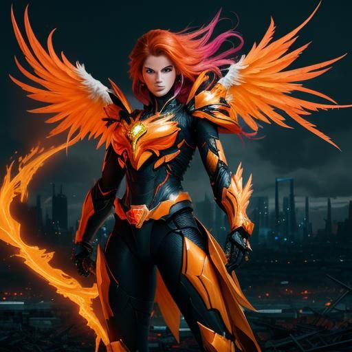 Phoenix Armored Rider in Ruined Cityscape