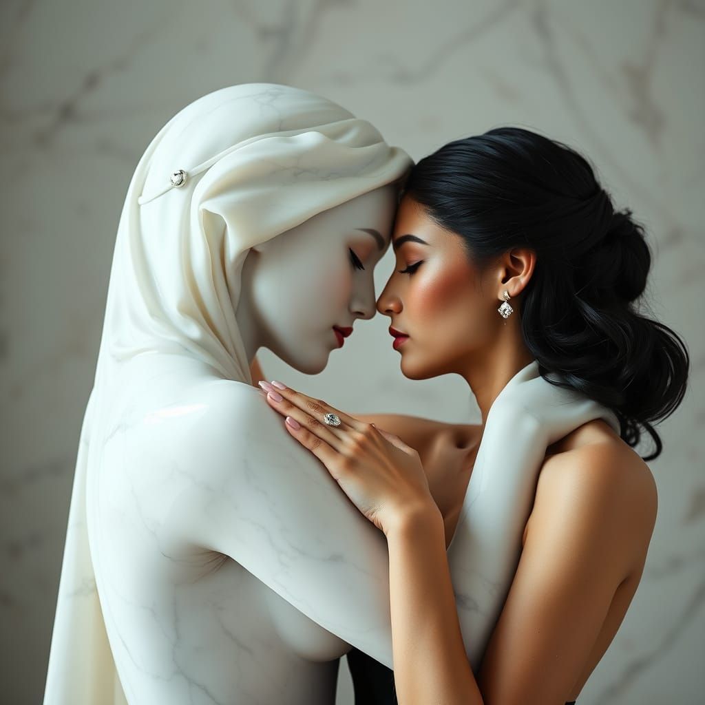 Women in Ethereal Embrace, Masterpiece in White Marble