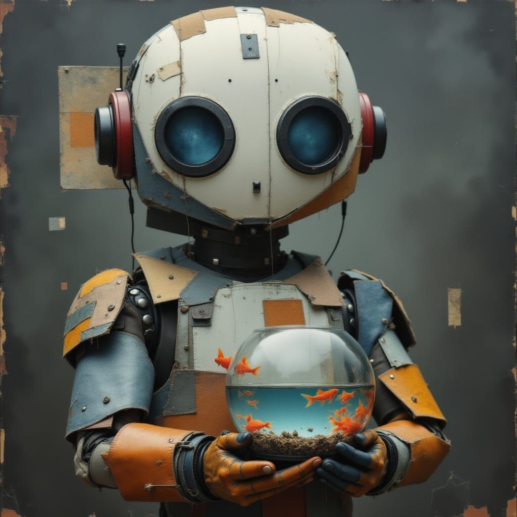 Cute Robot Holding a Fishbowl