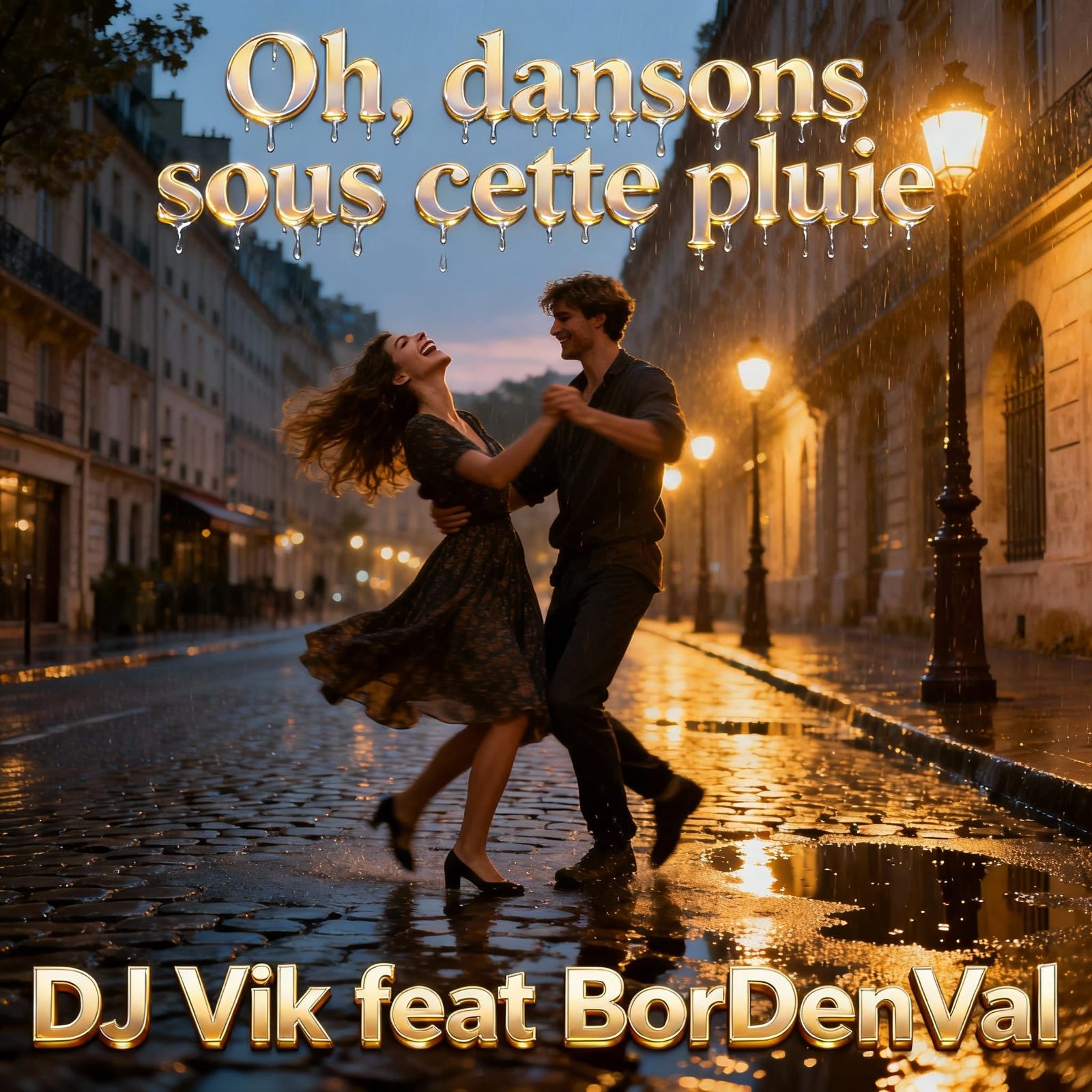 Couple Dancing Joyfully in Paris Rain at Dusk