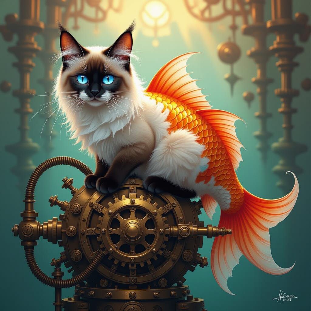Siamese Cat Koi Hybrid on Steampunk Engine