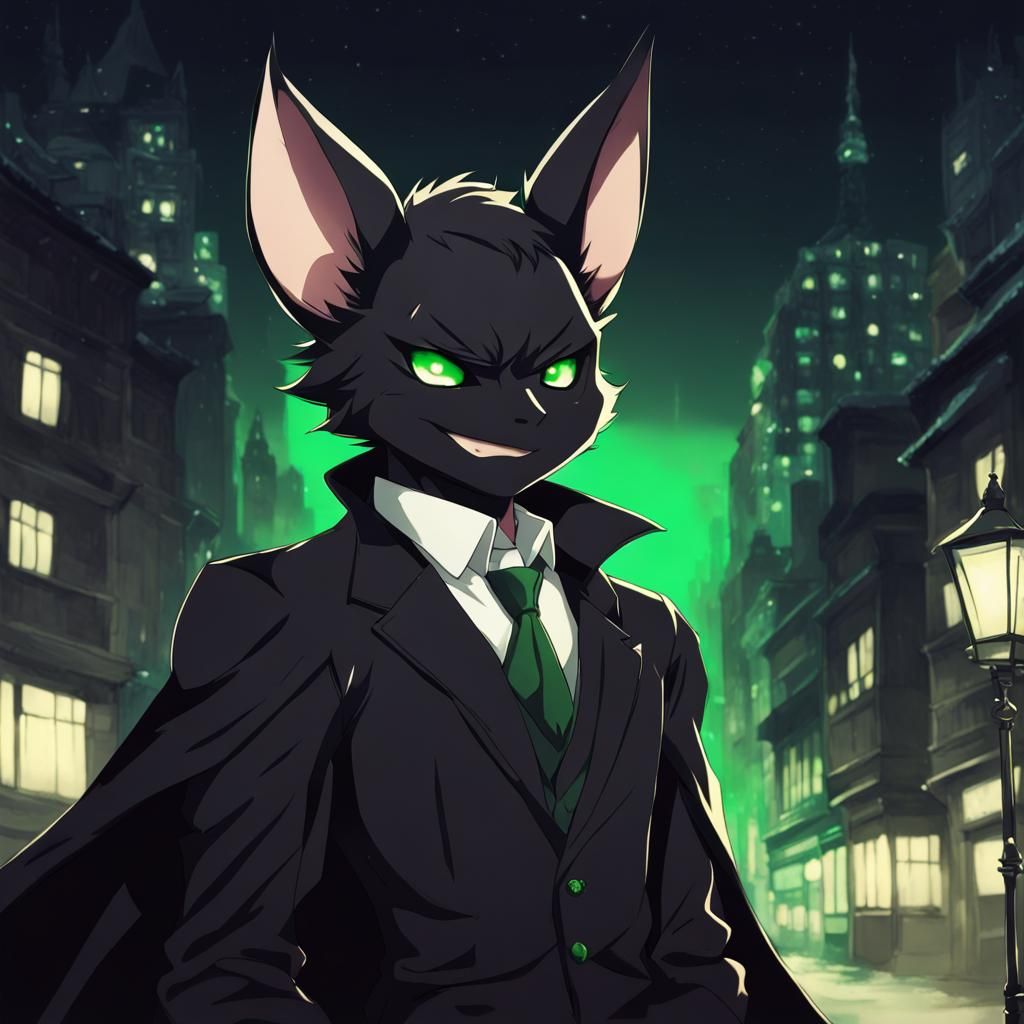 Furry Bat in City at Night in Anime Style