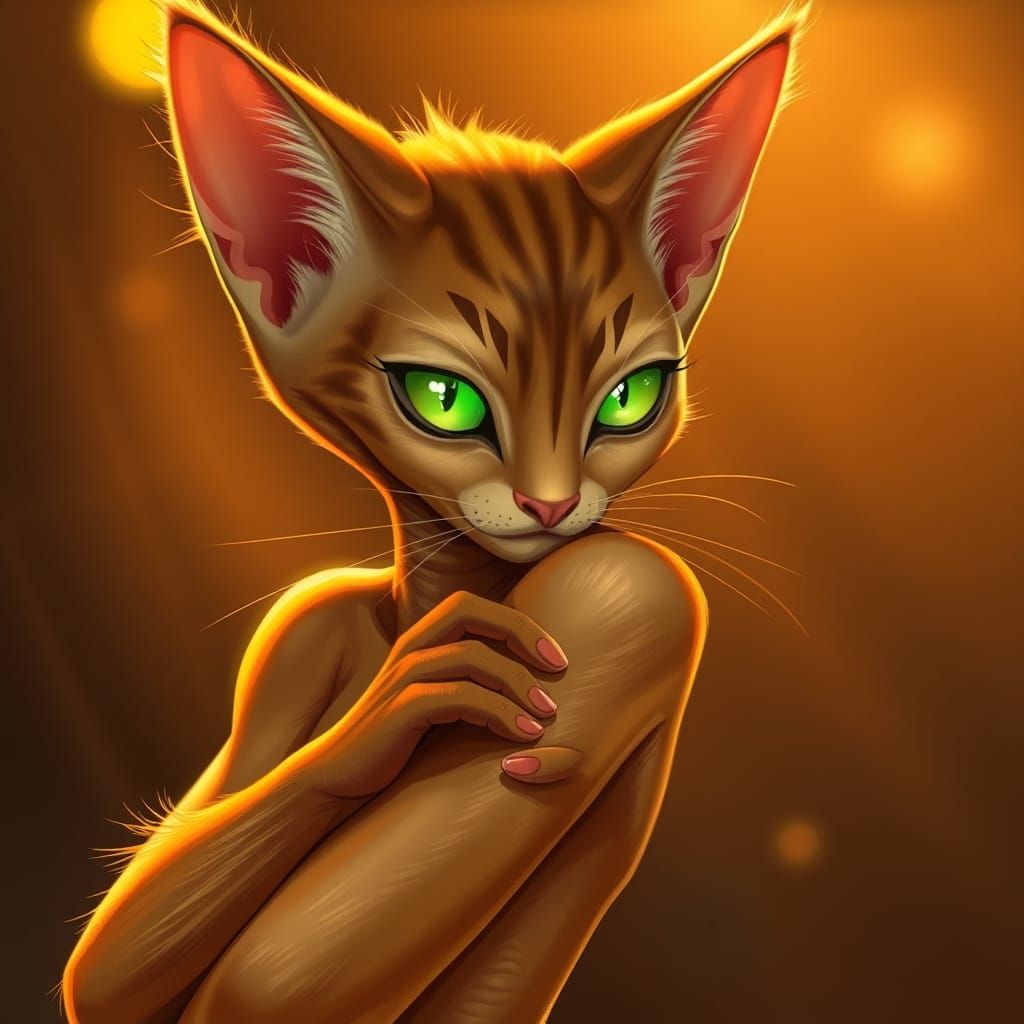 Feline Alien Pin-up in Whimsical Golden Lighting