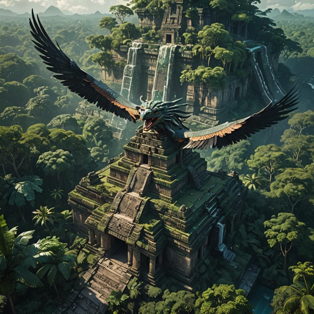 Kukulkan Soaring Over Mayan Temple: Digital Art