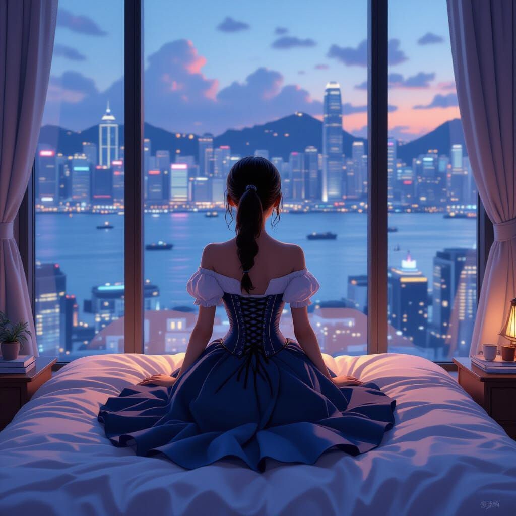 Girl in Corset Views Victoria Harbour at Dusk